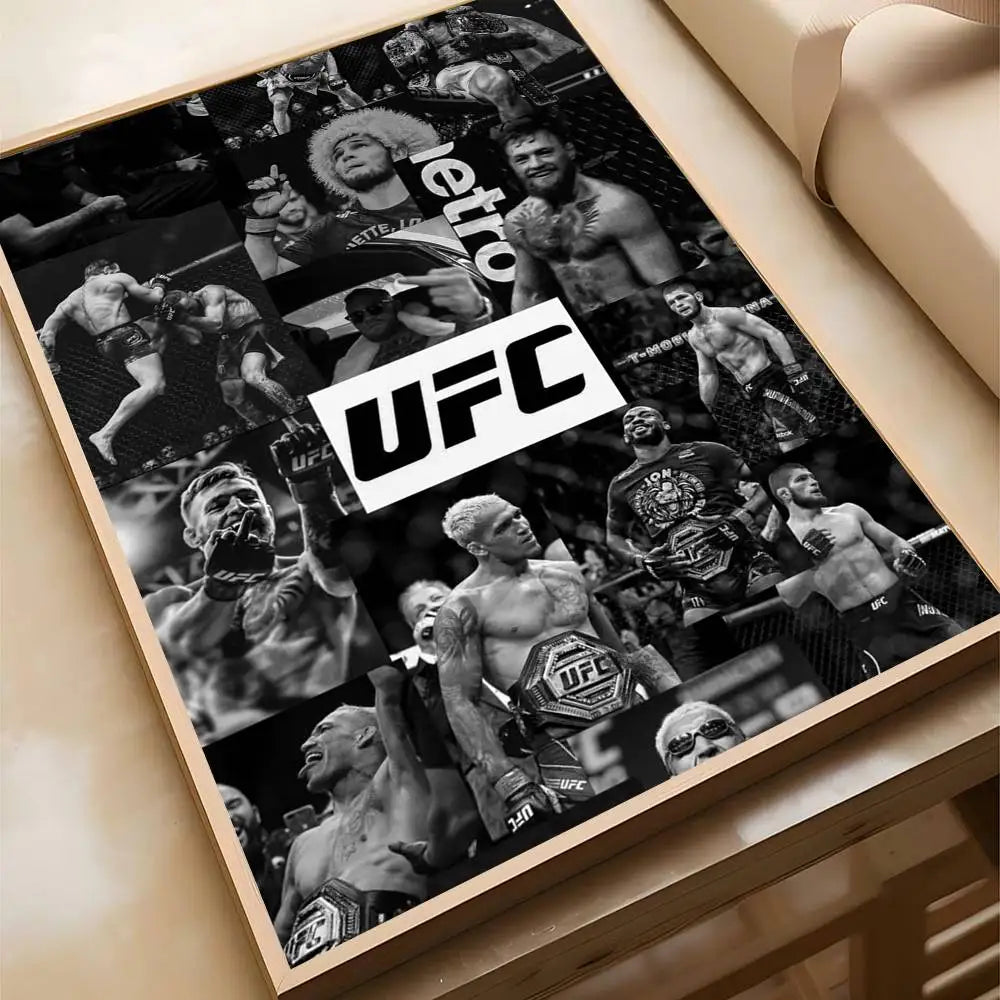 affiche ufc boxeurs moderne sportive noir blanc rouge jetro cadre bois chambre salonhôtel
