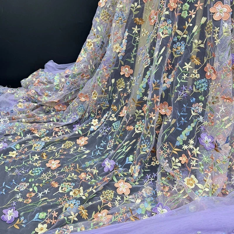 tissu brodé floral semi transparent polyester multi couleurs occasion quotidien tulle 3d embossé trame
