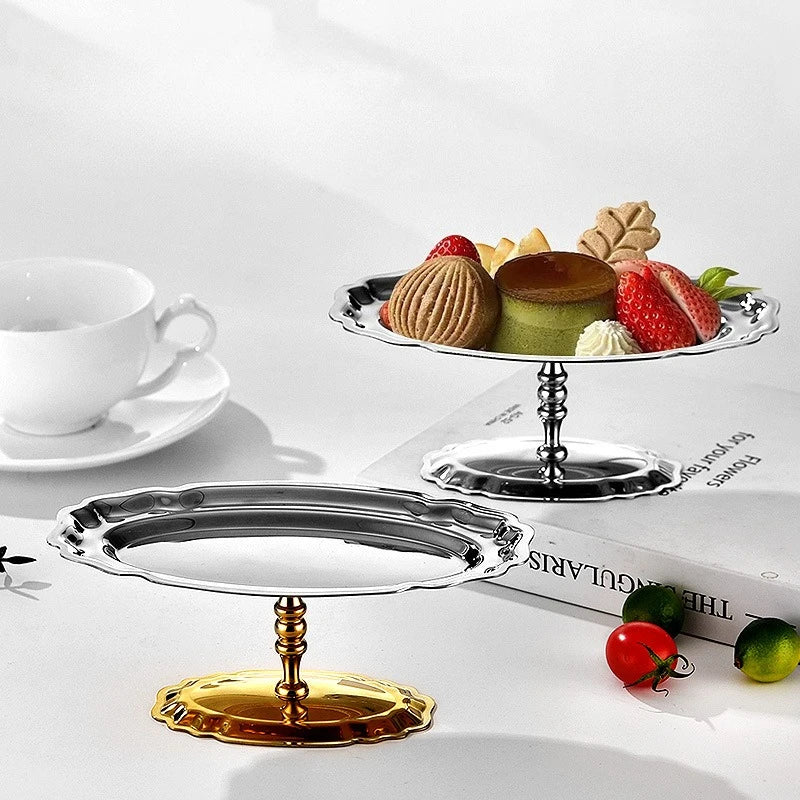 plateau dessert pieds acier inoxydable argenté ovale bordures ondulées élégant vintage présentoir alimentaire