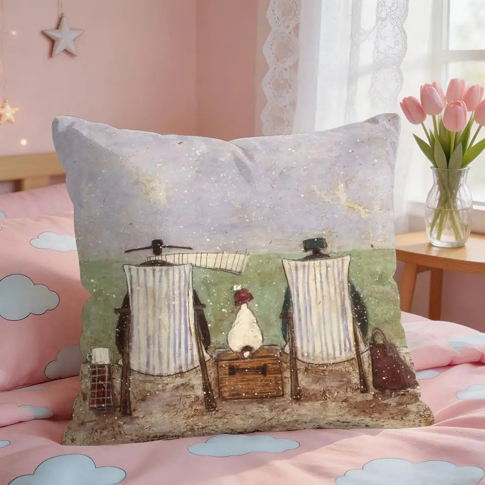 housse coussin carrée motif sorcière oiseaux cartoon polyester bleu clair gris vert zip 30x30cm
