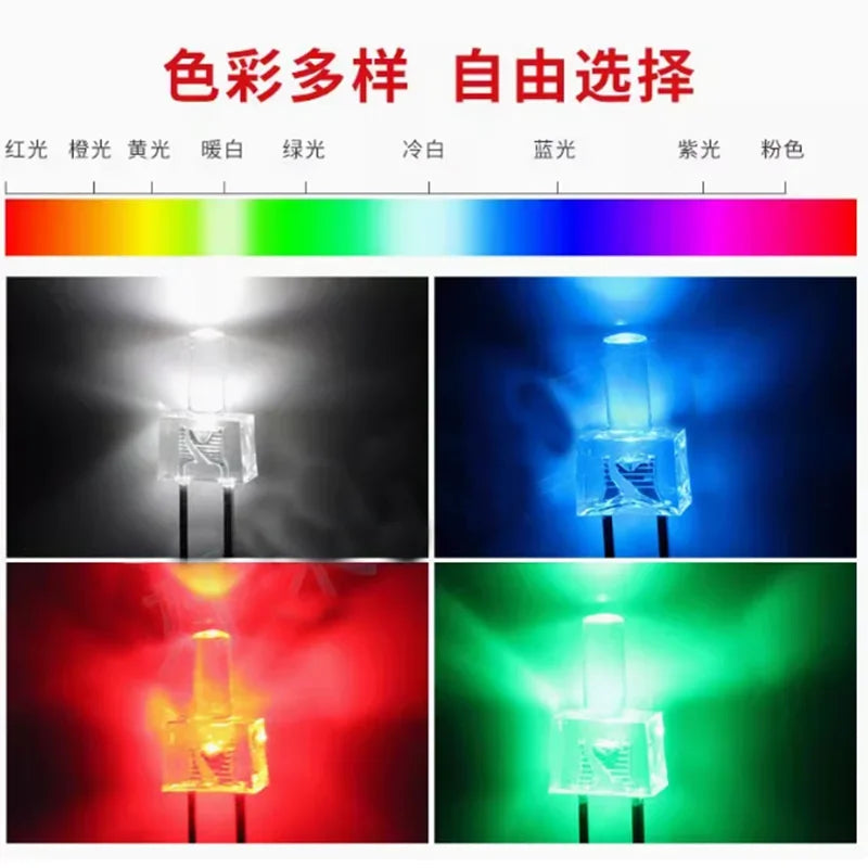 diodes led transparentes 2mm blanc rouge jaune bleu vert blanc chaud pack 100pcs