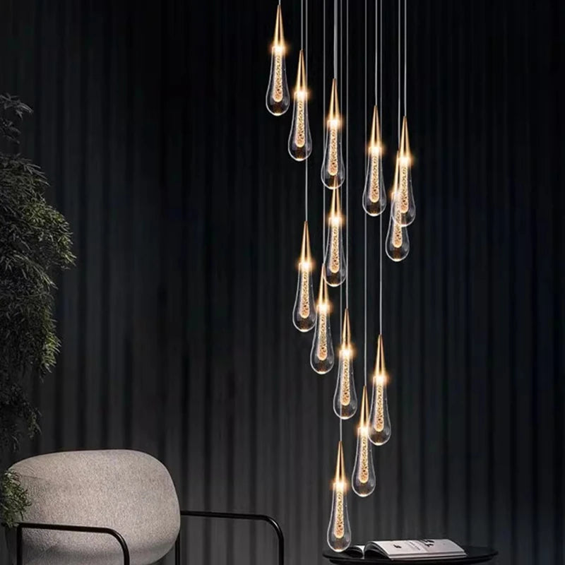 suspension lumineuse moderne cristal doré transparent gouttes verre led