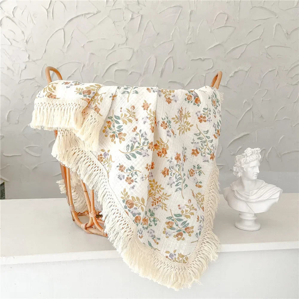 couverture bébé coton rayures pois étoiles lunes fleurs blanc beige rose gris franges anneaux