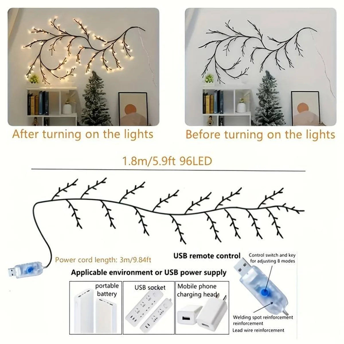 guirlande lumineuse branche naturelle 96 led noir blanc decoration moderne modes usb