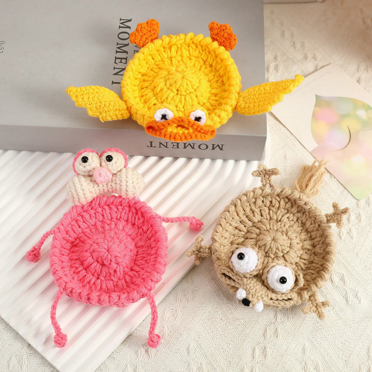 sous verre crochet forme animal main décoration tasse cadeau artisanal coloré