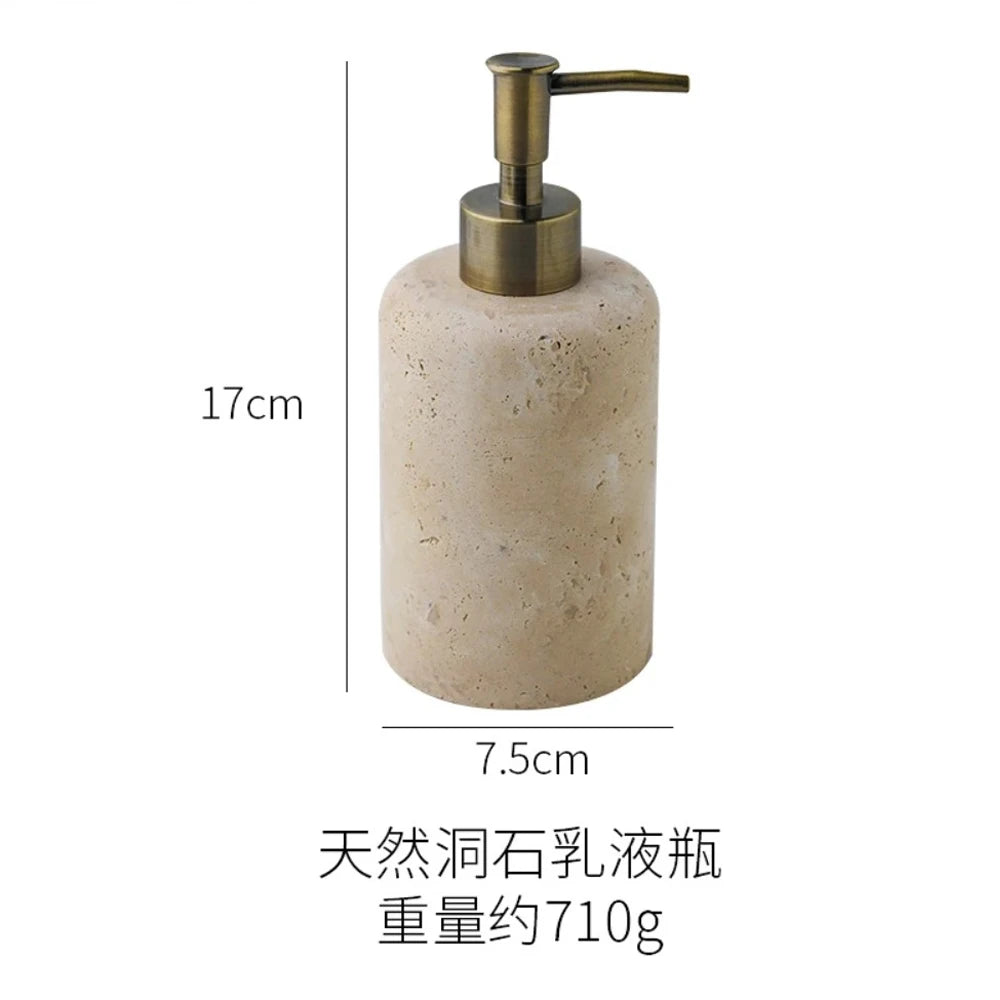 ensemble salle bain moderne pierre marbrée distribiteur savon porte brosse dents plateau carré beige