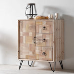 meuble salon armoire bois rustique moderne tiroirs portes beige marron pieds métal anneaux
