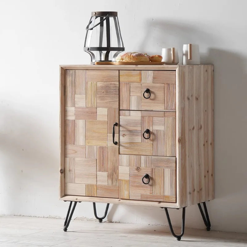meuble salon armoire bois rustique moderne tiroirs portes beige marron pieds métal anneaux