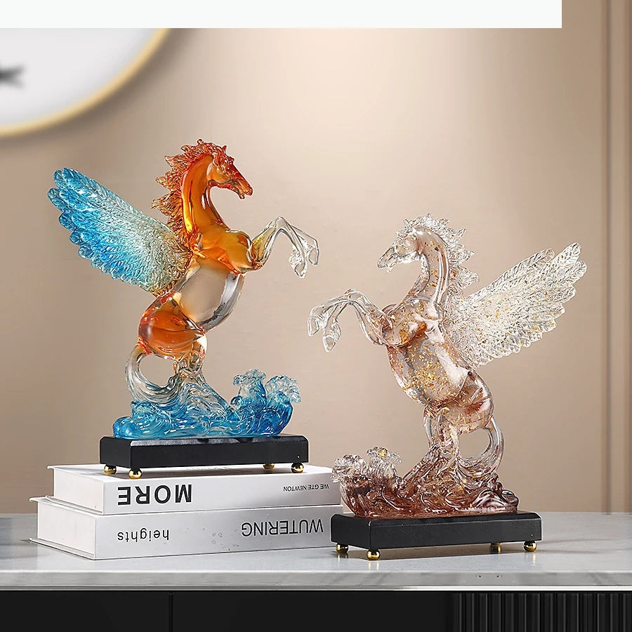 statuette pegase cheval ailé vague transparente bleu orange décoration maison festive