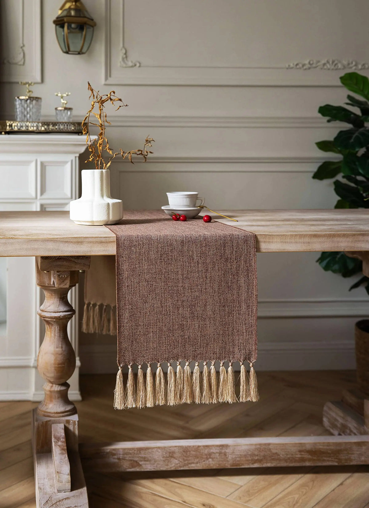chinois table chemin marron lin texture classique tassel doré