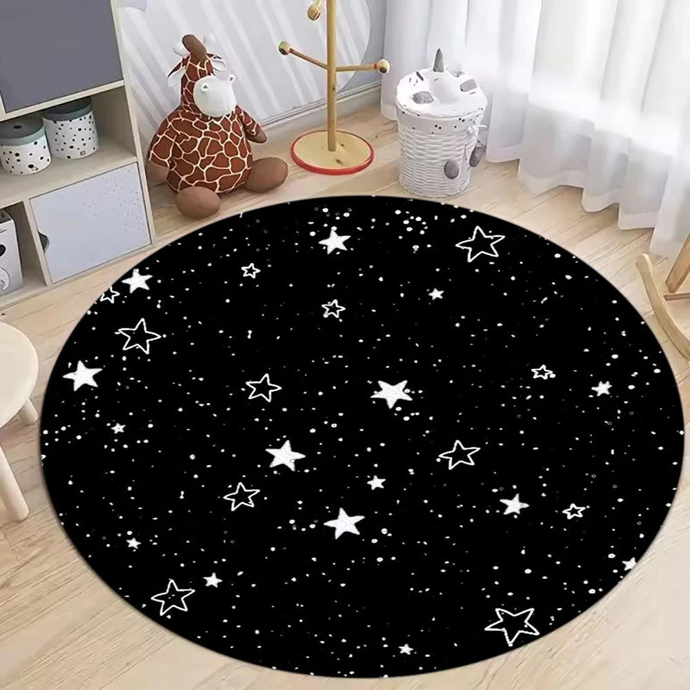 tapis rond moderne étoiles dorées bleu nuit noir blanc anti dérapant polyesterextérieur chambre