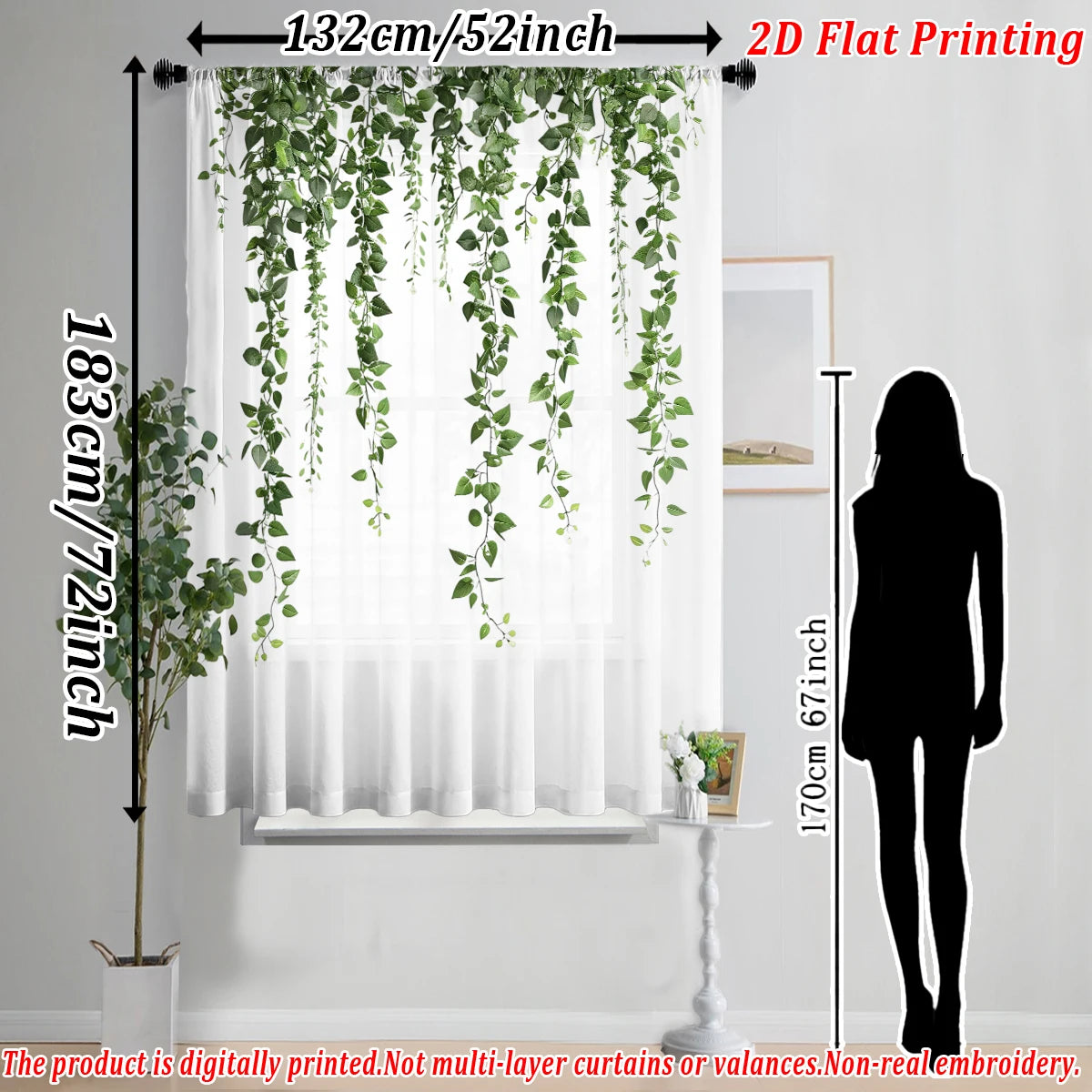 rideau fin imprimé lierre vert transparent bohème salon chambre maison tringle métallique