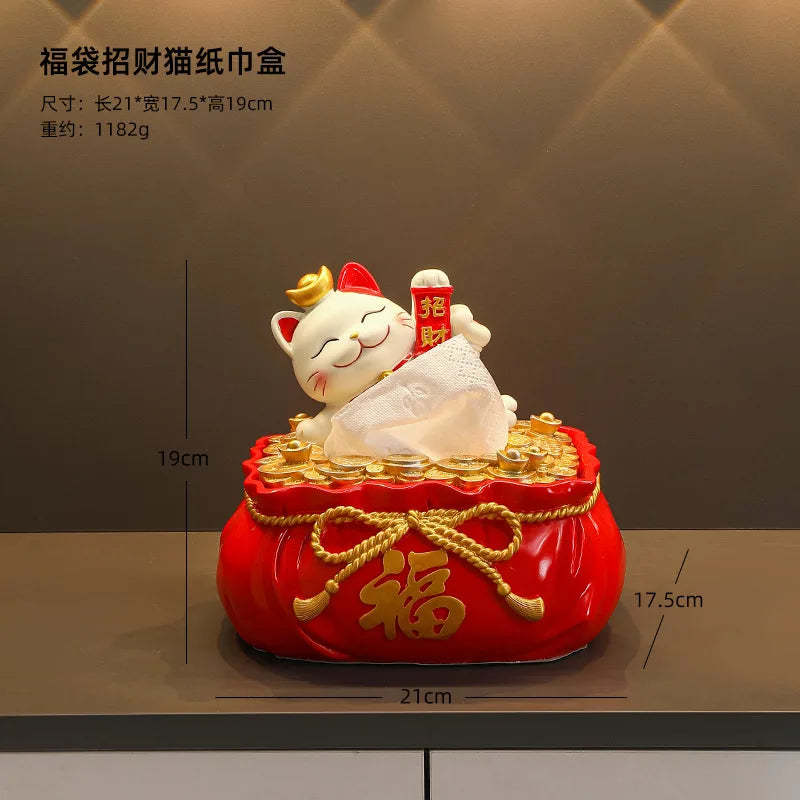 statue chat porte bonheur blanc doré artisanal détails dorés pochette rouge plateau texte rouge