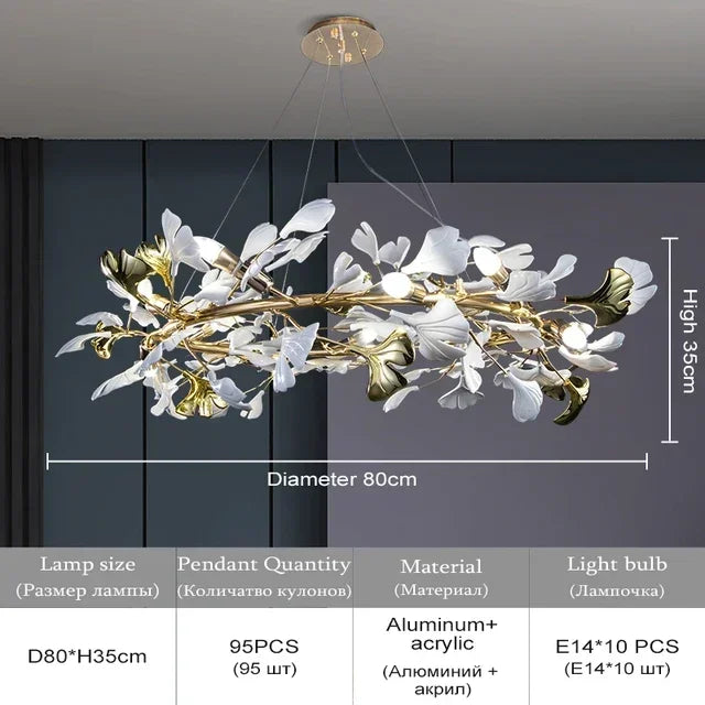 suspension lumineuse contemporaine feuilles or chaînes blanches fixations ornementales moderne