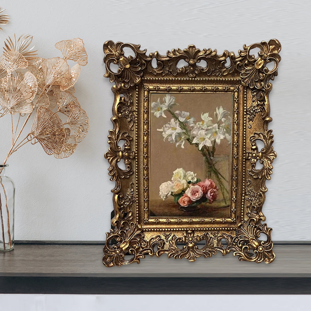 cadre photo résine opaque baroque floral vintage or beige blanc