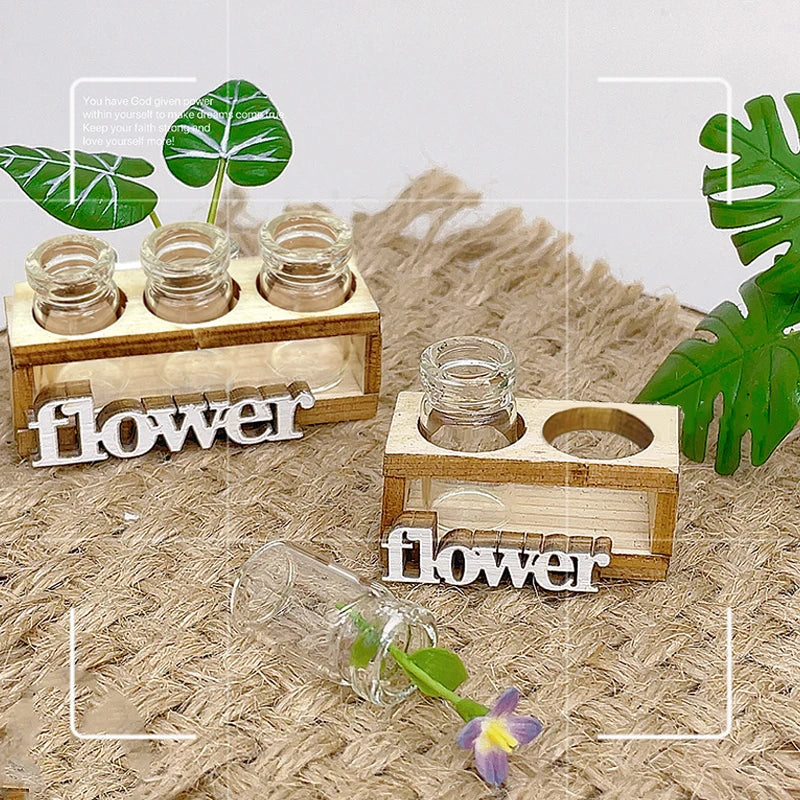 supports fleurs bois naturel vases verre transparents feuilles vertes rustique minimalisteintérieur decoration