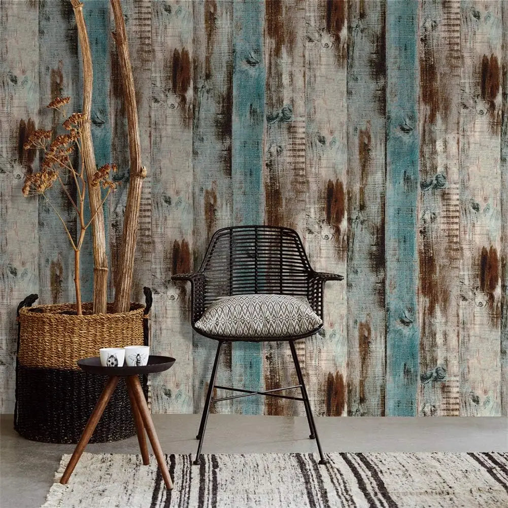 papier peint autocollant imitation bois vieilli moderne rustique vintage bleu gris brun opaquerollable muettedecoration