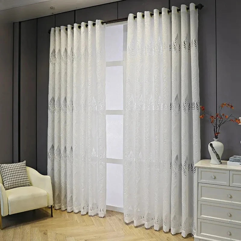 rideau blanc tulle translucide feuilles découpées moderne salon chambre décoration fenêtre anneaux classique