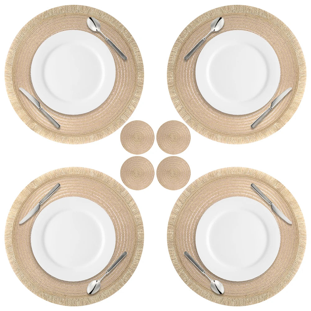 tapis table boho chic beige clair franges texture tissée sous verres ensembles sets deco