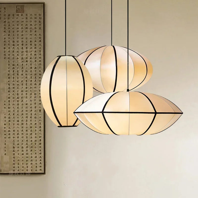 suspension moderne tissu blanc motif géométrique opaque chambre salon lumière led pendentif