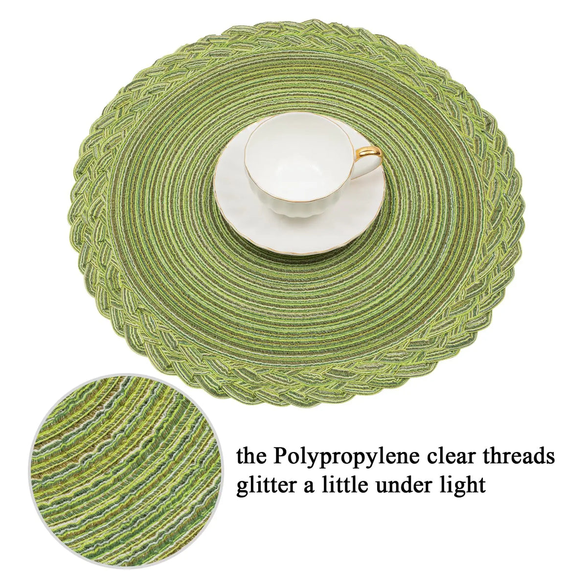serviettes table rondes modernes vert clair tissées fils transparents respectueux environnement decoration table assises