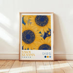 affiche murale moderne tournesol floral jaune bleu blanc cadre bois chambre salon decoration art