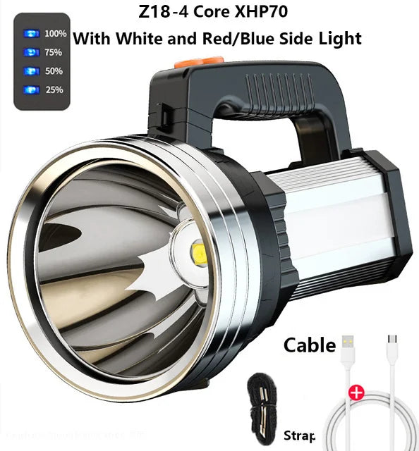 lampe torche rechargeable 100w led noire intense longue portée focale fixe moderne