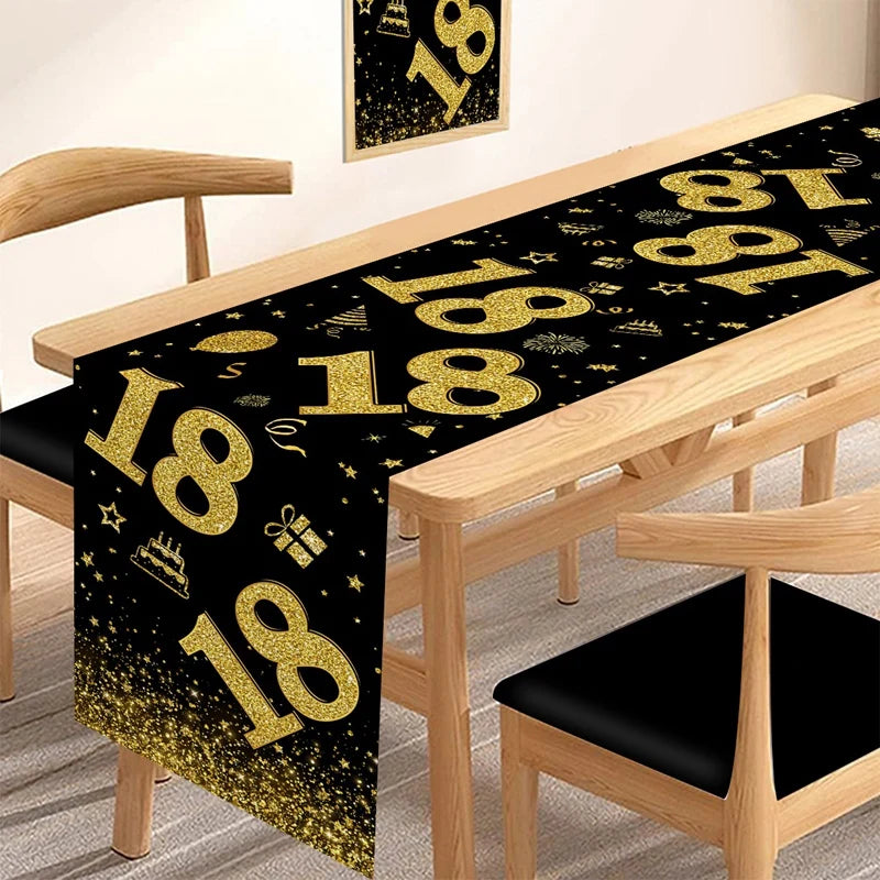 table chemin noir doré anniversaire fête confettis étoiles chiffres polyester occasionnelle thème festive