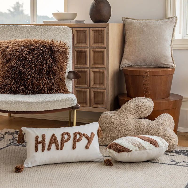 housse coussin beige marron motif rayé texture douce moderne opacité jacquard polyester décoration canapé