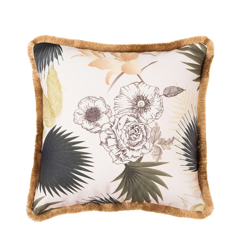 housse coussin coton fleur blanche motif floral vert beige élégante décorative carrée 45x45cm 55x55cm