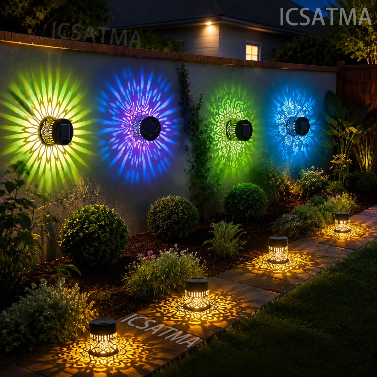 lampe solaire murale rgb mandala décoration florale patio extérieure automatique