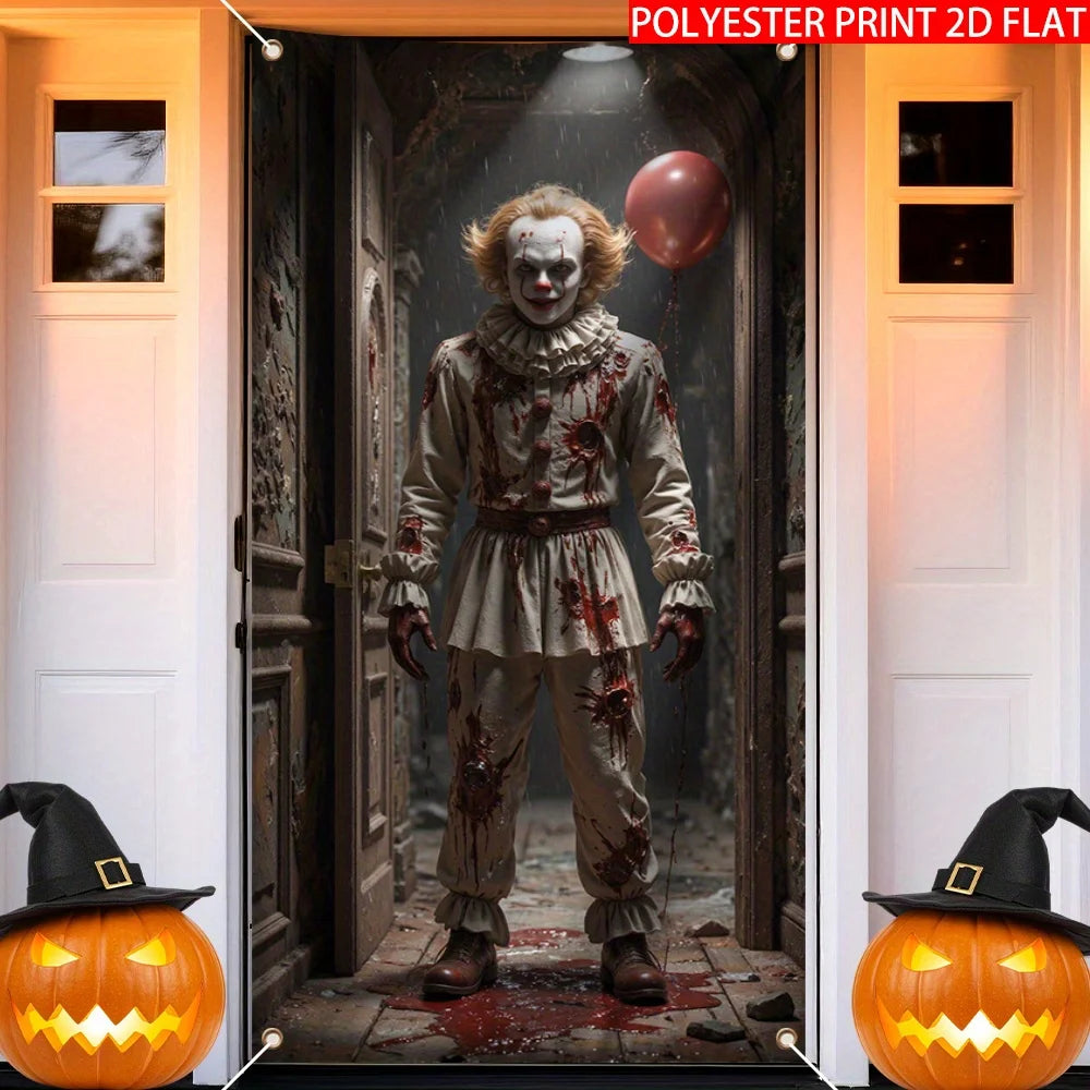 décoration murale halloween poster clown macabre citrouille squelette toile d'araignée gris rouge noire