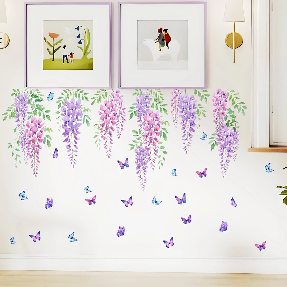 sticker mural décoratif fleurs glycine papillons aquarelle violet rose vert bleu