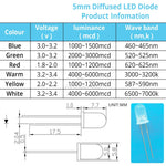 diodes led 5mm diffusées transparentes bleu vert rouge blanc jaune 2pin 1000pcs standard