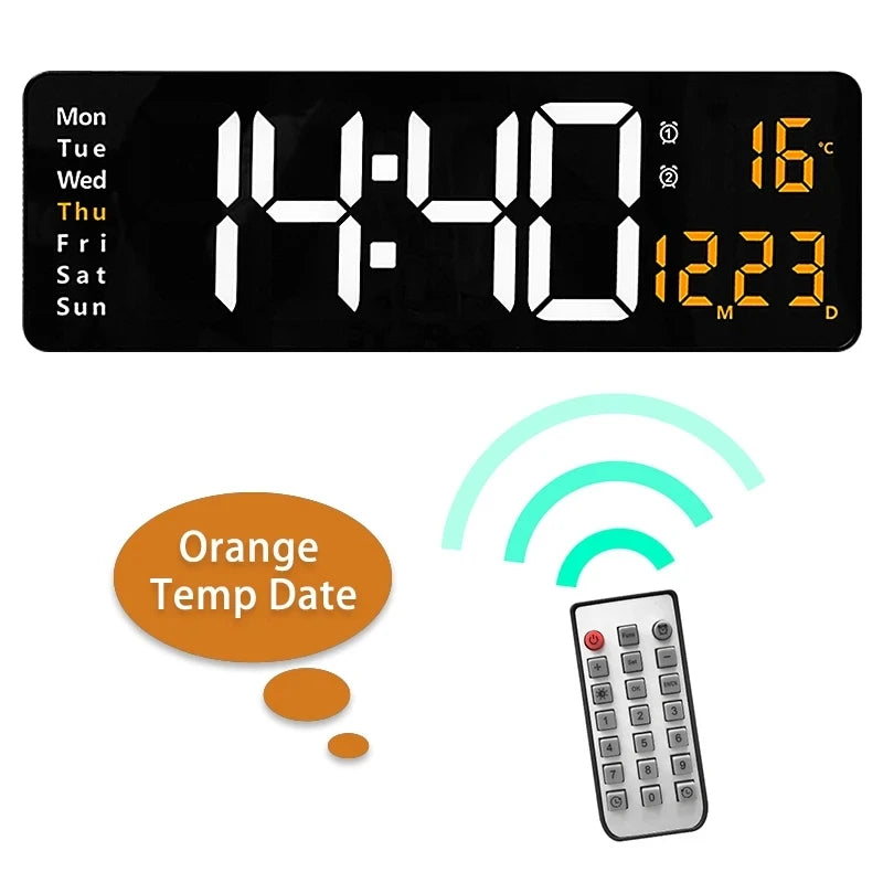 horloge murale numérique moderne noir orange vert télécommande affichage led minimaliste