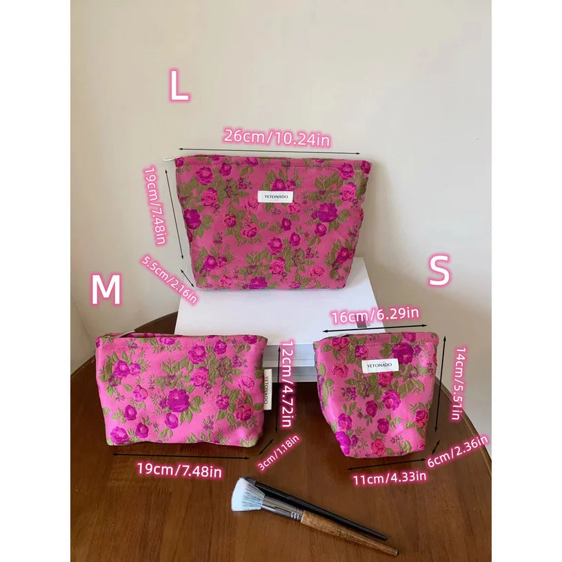 Sac cosmétique toile motif fleurs rose feuilles vertes moderne élégant fermeture glissière dorée rose