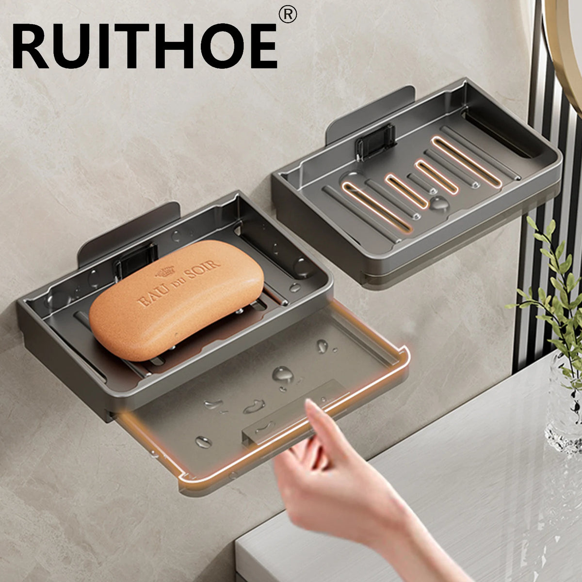 support savon mural aluminium électroplaqué adhésif salle bain moderne gris métallisé egouttoir unique niveau