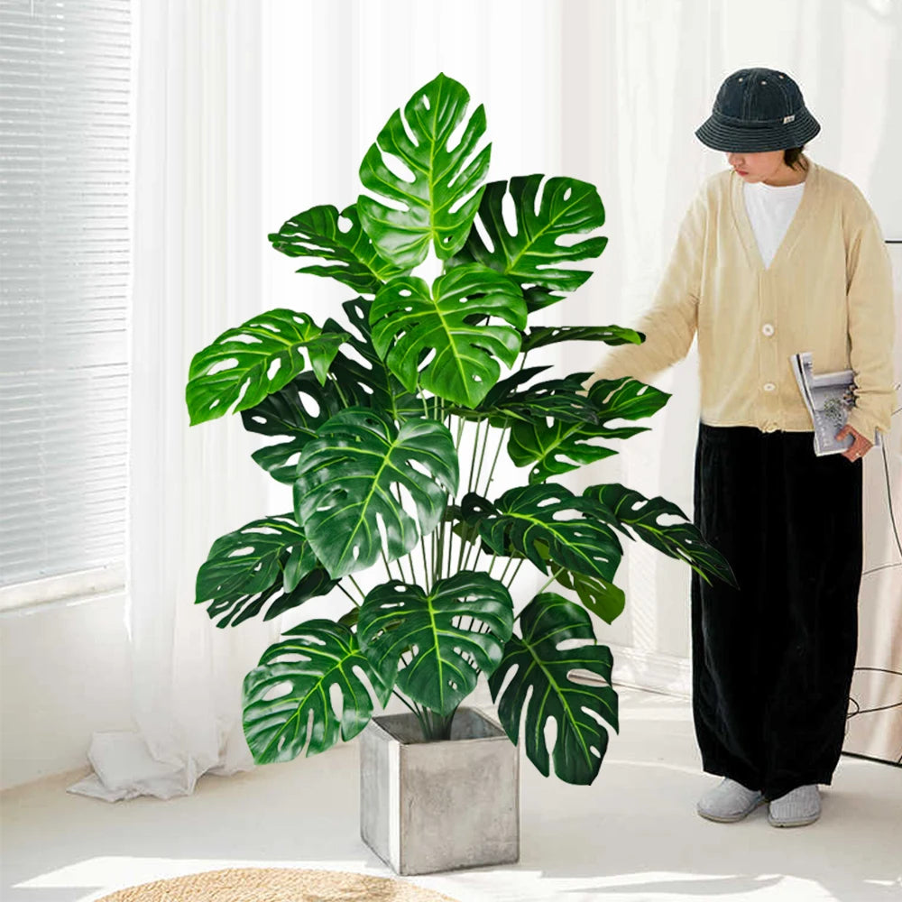 plantes artificielles monstera feuilles perforées pot céramique décoration intérieure moderne arbres faux vert foncé