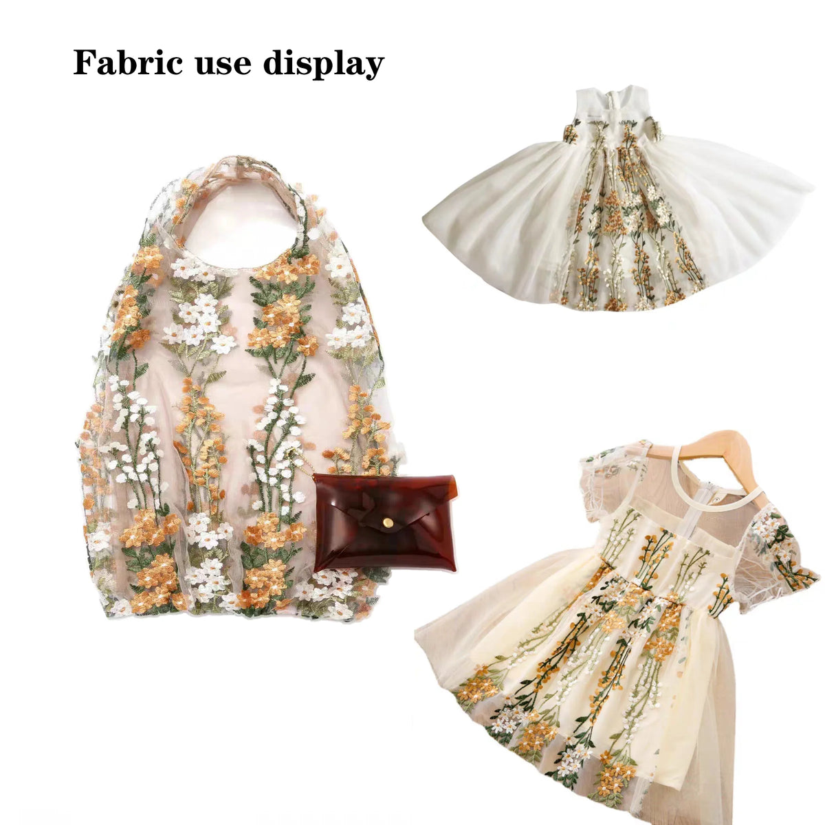 tissu tulle brodé fleurs orangées blanches feuilles vertes beige translucide pastoral