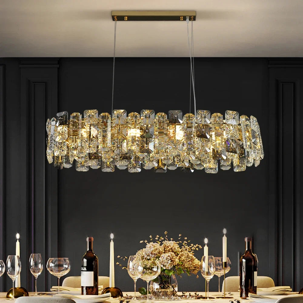 suspension lumineuse moderne or cristaux transparents luxueux suspension câbles métalliques