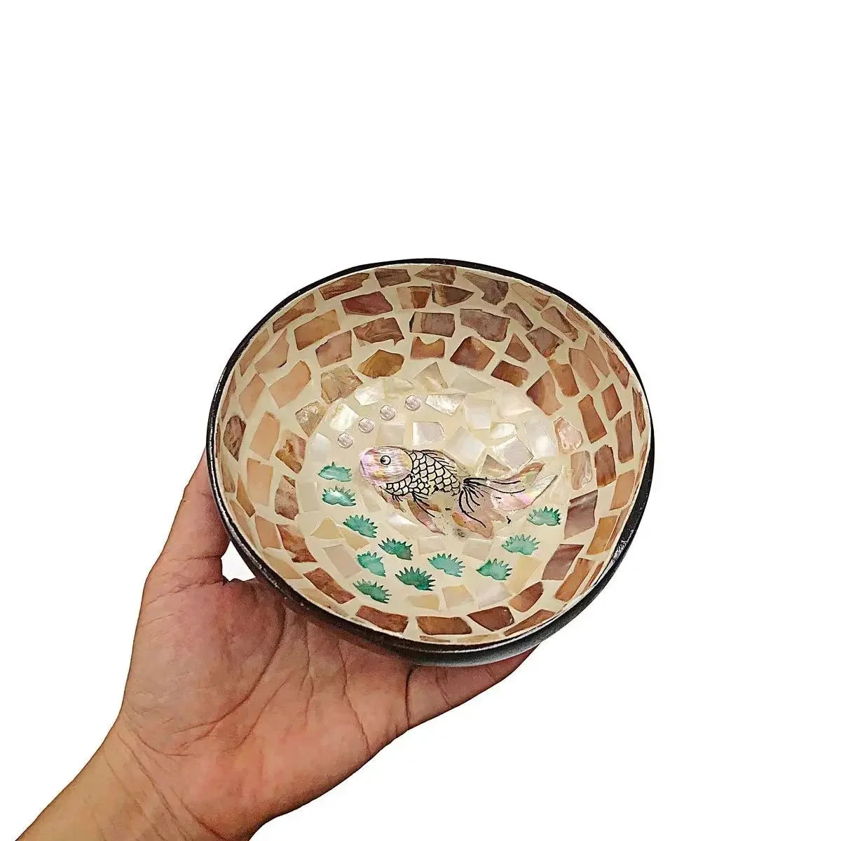bol décoratif coquille coco artisanal mosaïque bois rangement bijoux clés maison