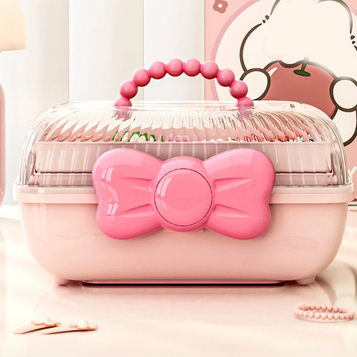 boîte rangement bijoux moderne portable poignée noeud papillon clips cheveux bagues bracelets enfants chambre