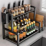 étagère cuisine noire réglable niveaux moderne pieds couteaux bouteilles pots condiments