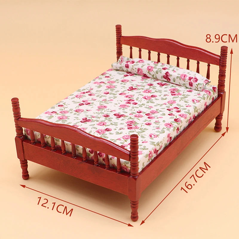 lit miniature classique bois marron clair matelas tête lit tissu uni blanc chambre poupée