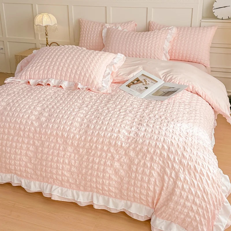 ensemble literie rose clair texture pointe bordures blanches moderne doux pièces 135x200cm 150x200cm 168x229cm