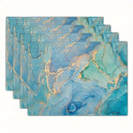 serviettes table moderne bleu vert doré marbrées opaques rectangulaires lin