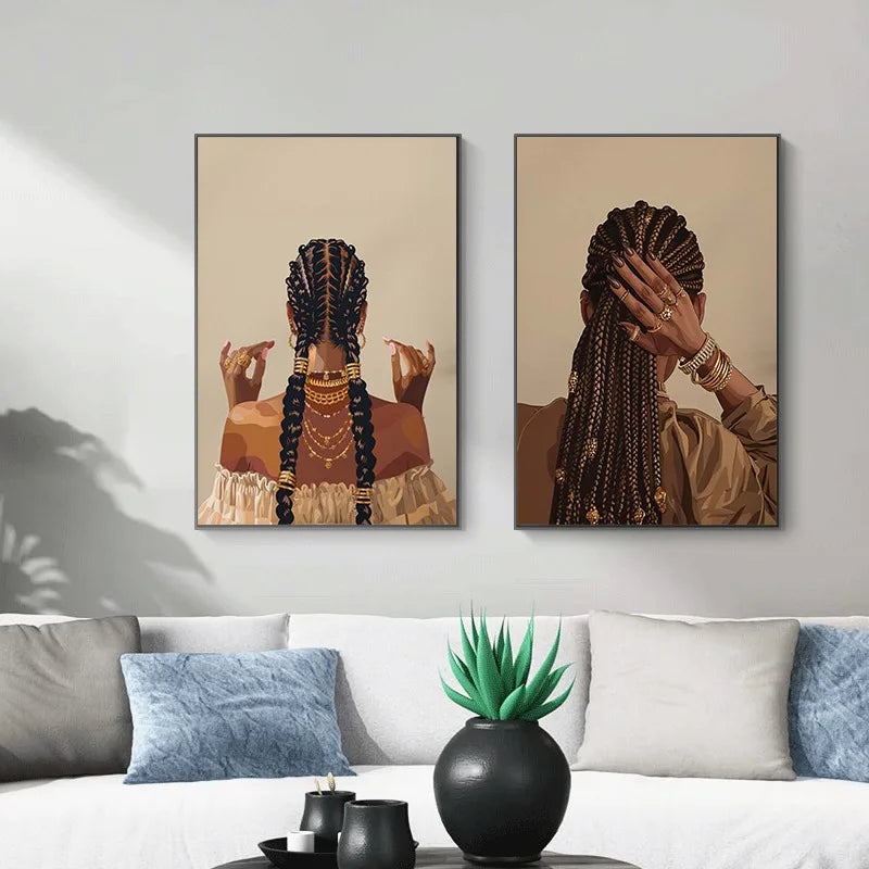toile d'art contemporain ethnique fille cheveux tressés bijoux or noir aquarelle sans cadre maison