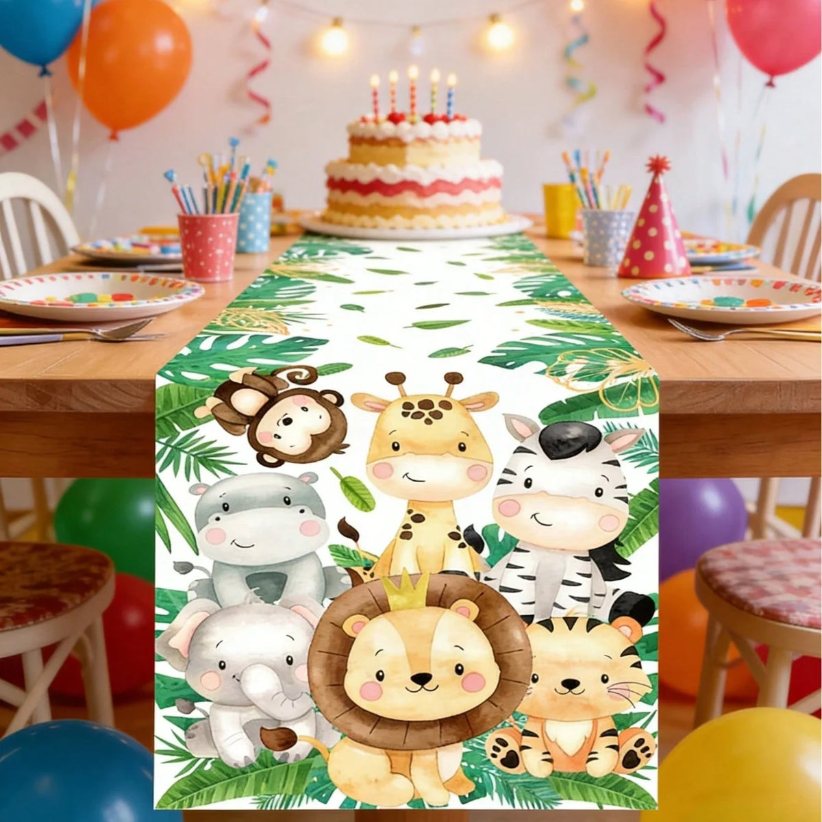 chinois table animaux jungle feuilles tropicales enfants décoration festive éléphant girafe zèbre lion tigre