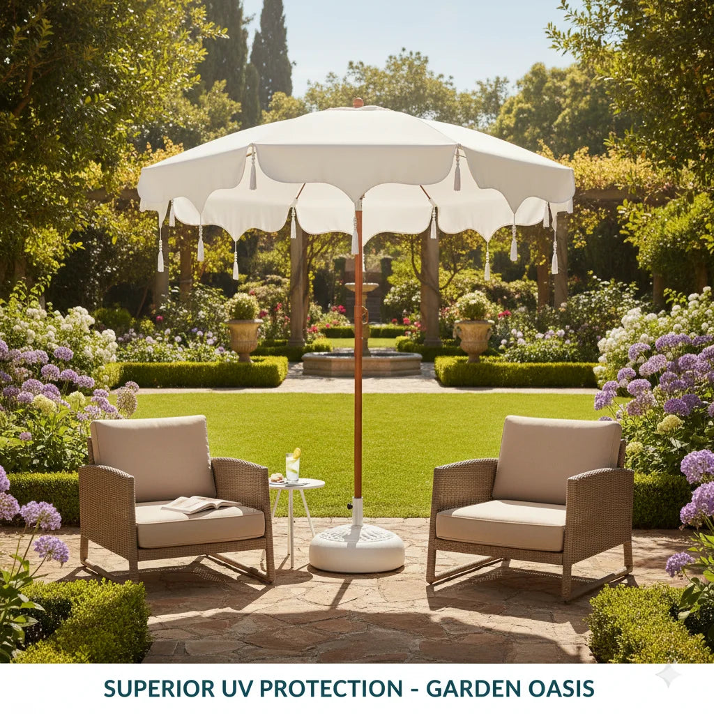 parasol blanc crème élégant tissu texturé franges bordure ondulée extérieur piscine mer