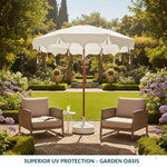 parasol blanc crème élégant tissu texturé franges bordure ondulée extérieur piscine mer